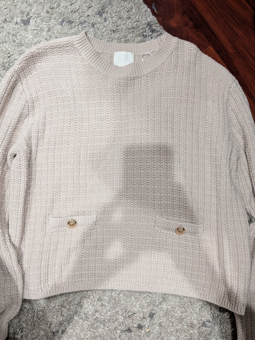 H&M Women's Crewneck Sweater in Light Beige with Gold Buttons